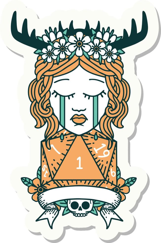 sticker of a crying human druid with natural one roll vector
