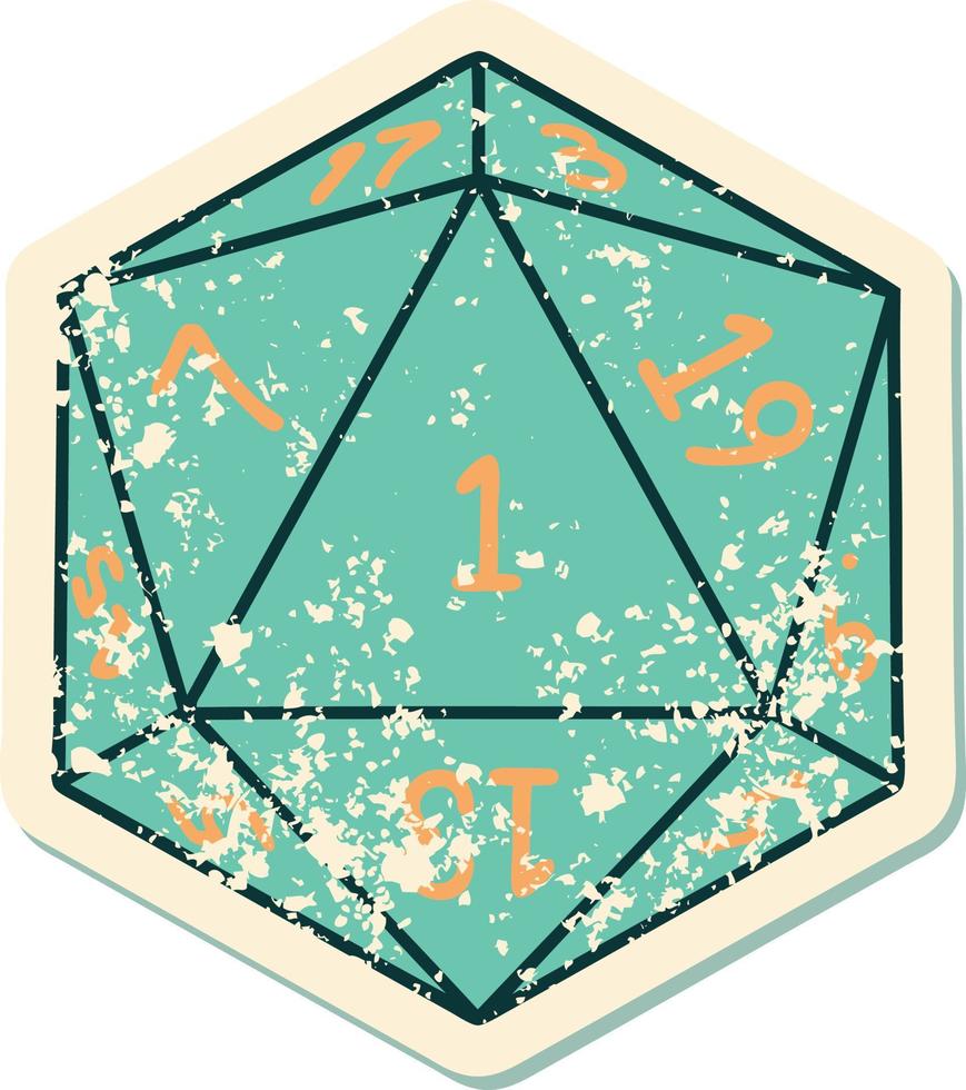 Retro Tattoo Style natural 1 D20 dice roll vector