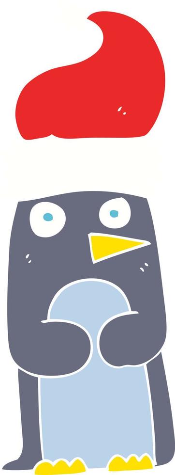 flat color illustration of penguin in christmas hat vector