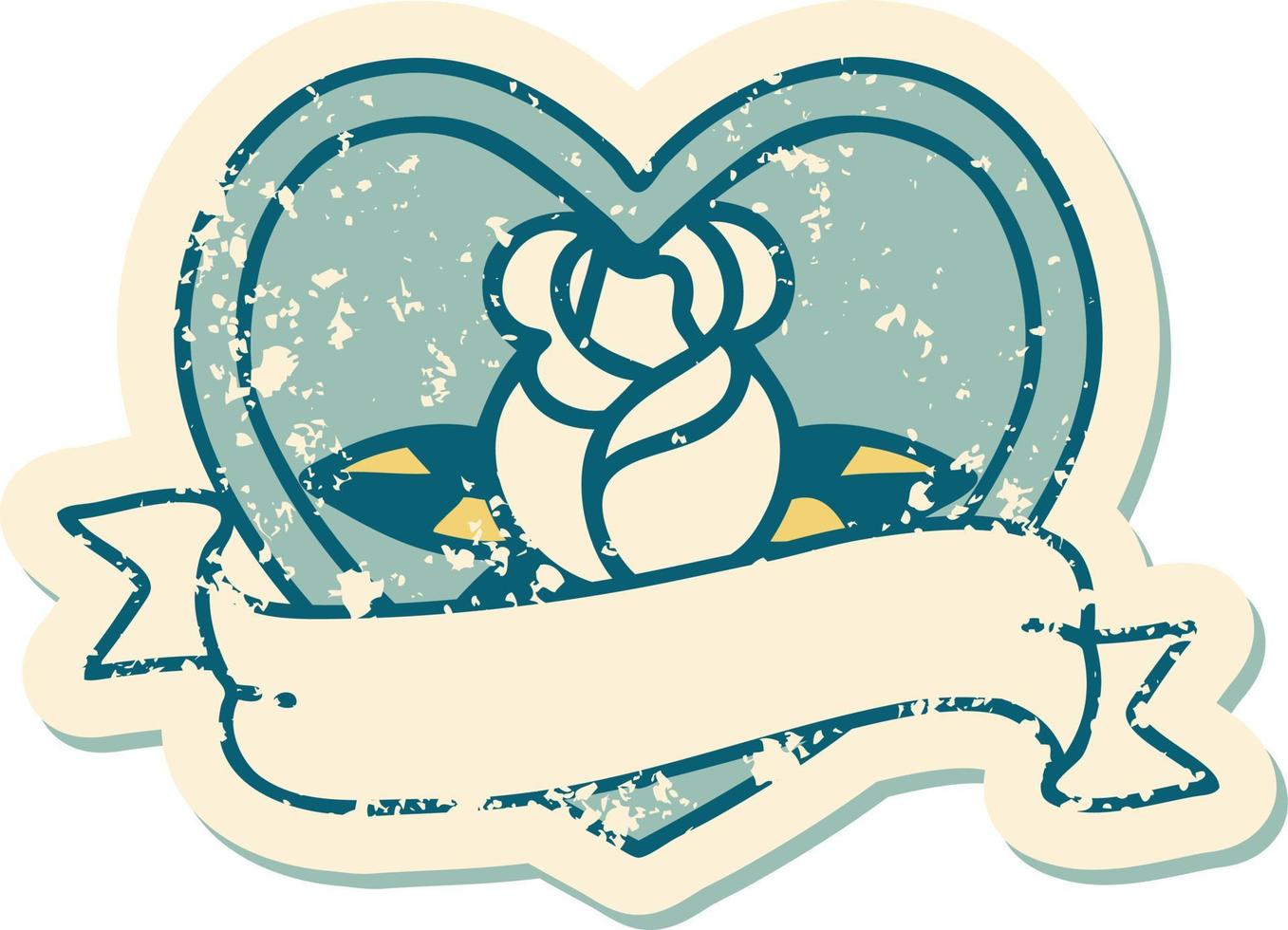 iconic distressed sticker tattoo style image of a heart rose and banner vector