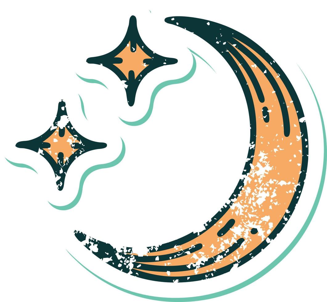 iconic distressed sticker tattoo style image of a moon and stars vector