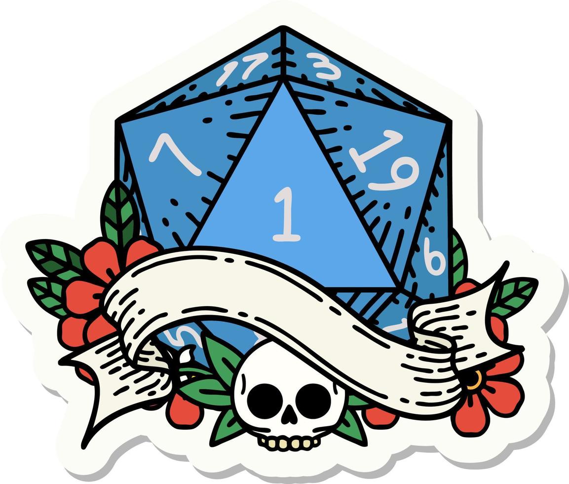 sticker of a natural one d20 dice roll vector