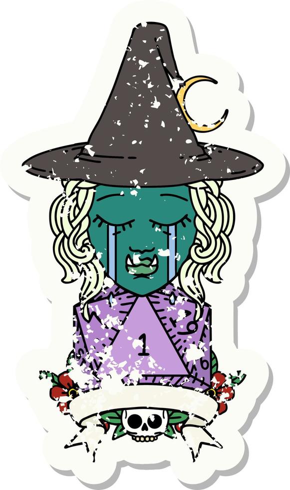 estilo de tatuaje retro llorando personaje de bruja medio orco con un rollo natural vector