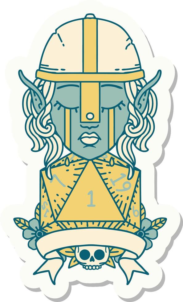 sticker of a crying elf fighter character face with natural one D20 roll vector