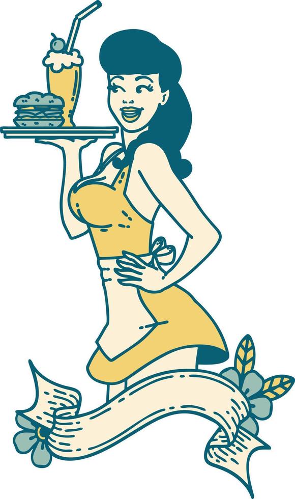 tatuaje al estilo tradicional de una camarera pinup con pancarta vector