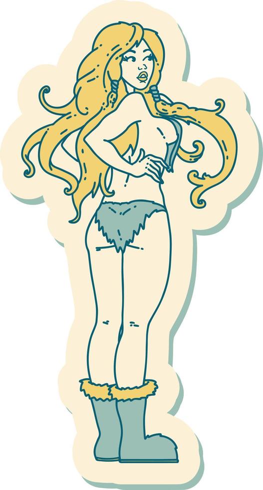 sticker of tattoo in traditional style of a pinup viking girl vector