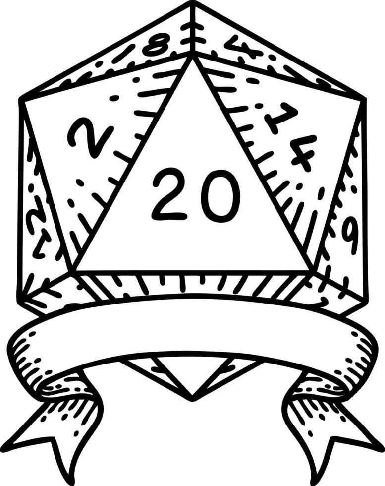 Black and White Tattoo linework Style natural 20 critical hit D20 dice roll vector