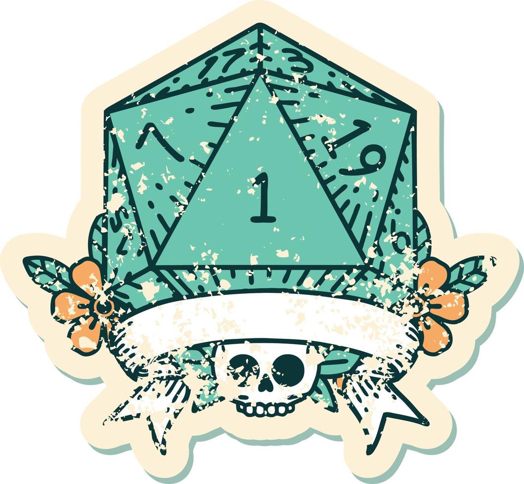 Retro Tattoo Style natural one d20 dice roll vector