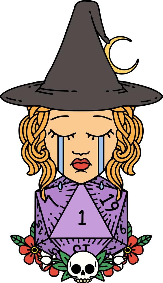 Retro Tattoo Style crying human witch with natural one D20 dice roll vector