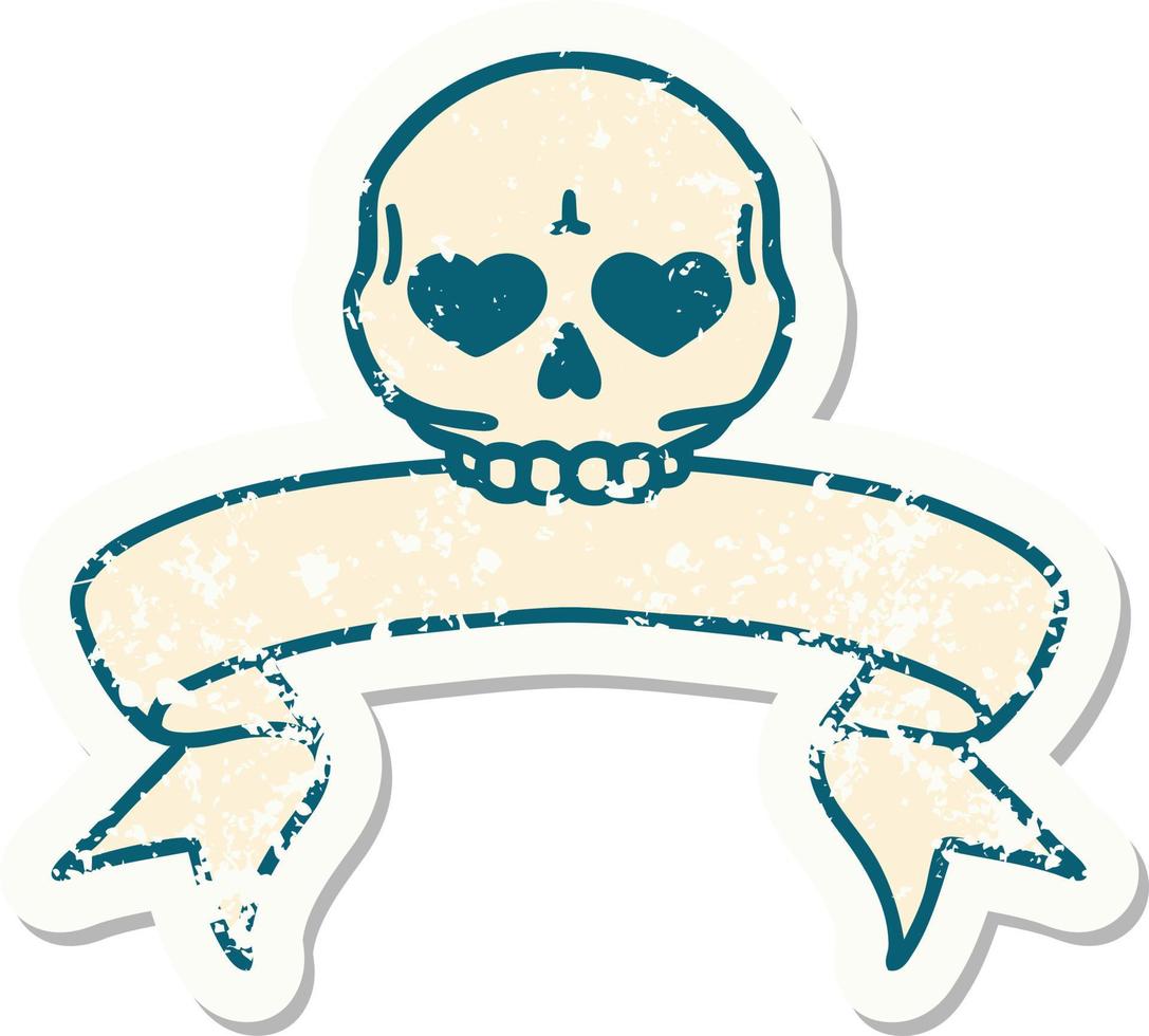 worn old sticker with banner of a skull vector
