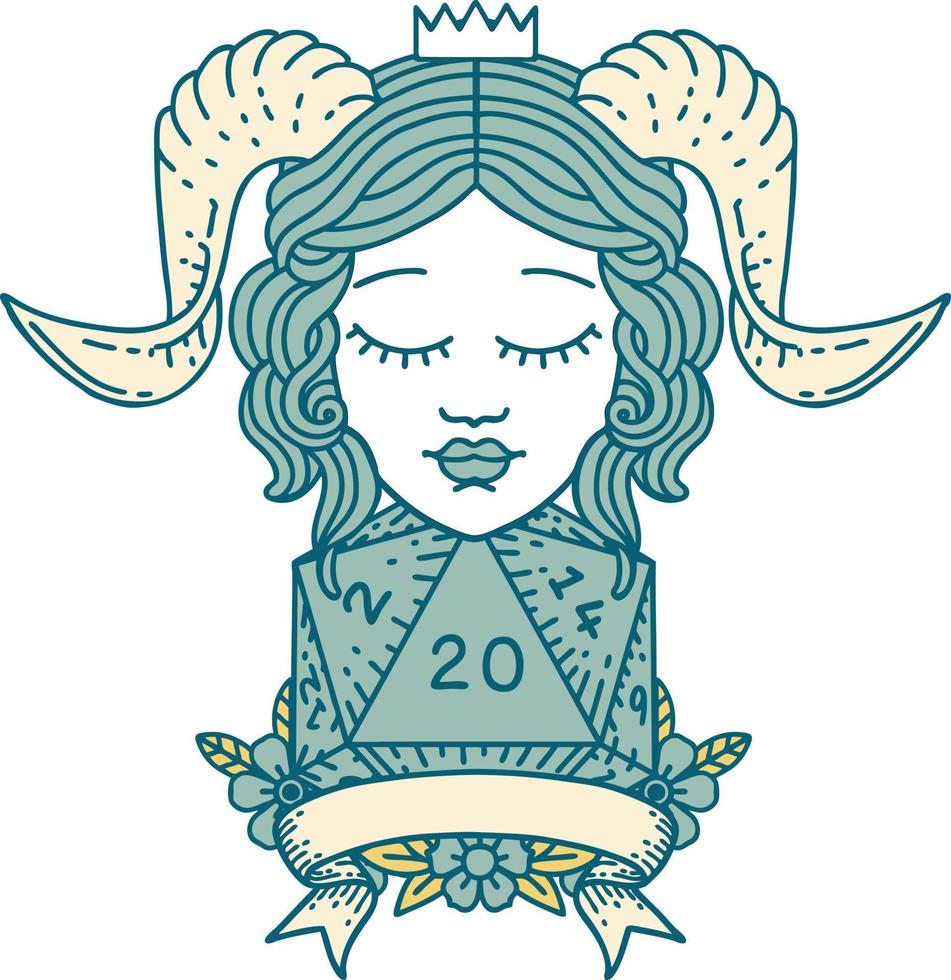 Retro Tattoo Style tiefling with natural twenty dice roll vector