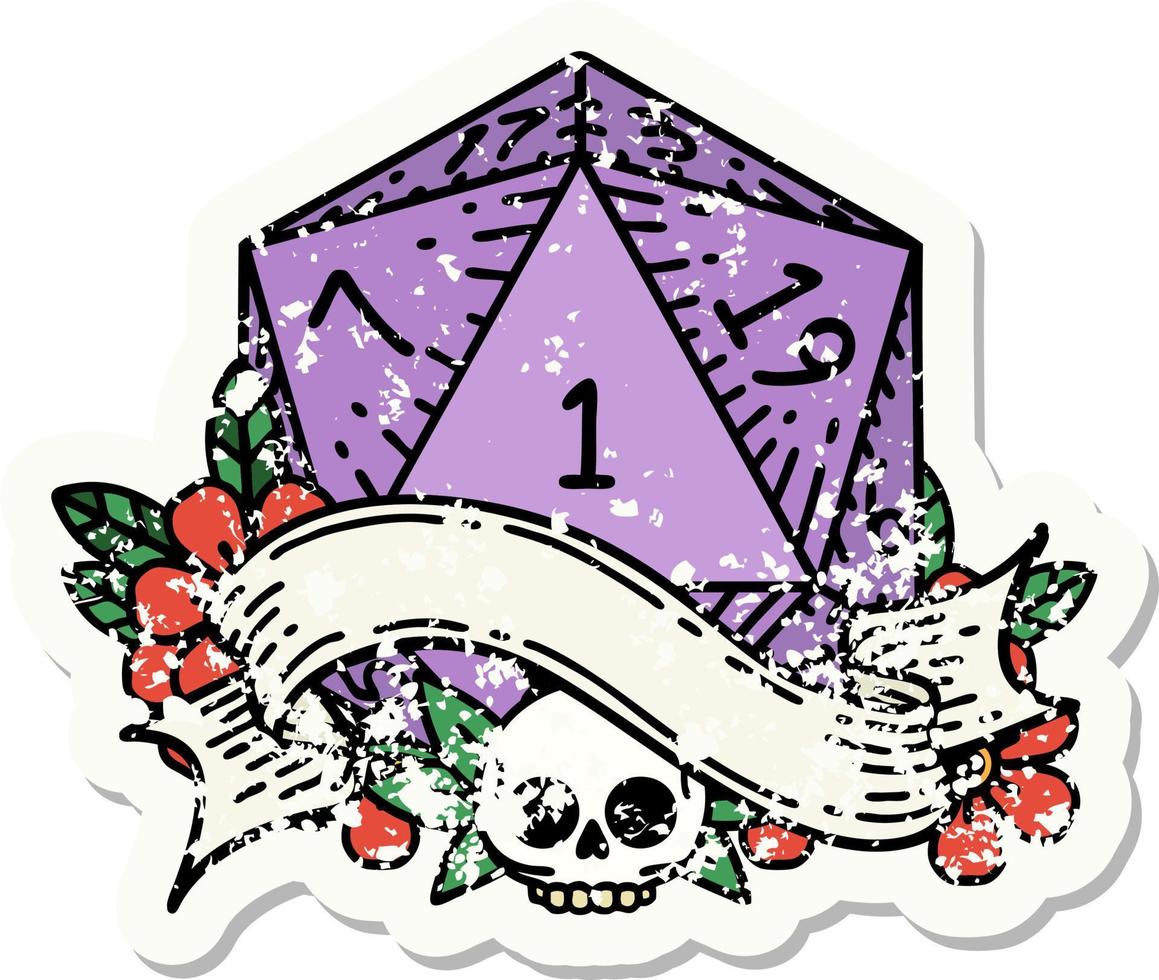 grunge sticker of a natural one d20 dice roll vector