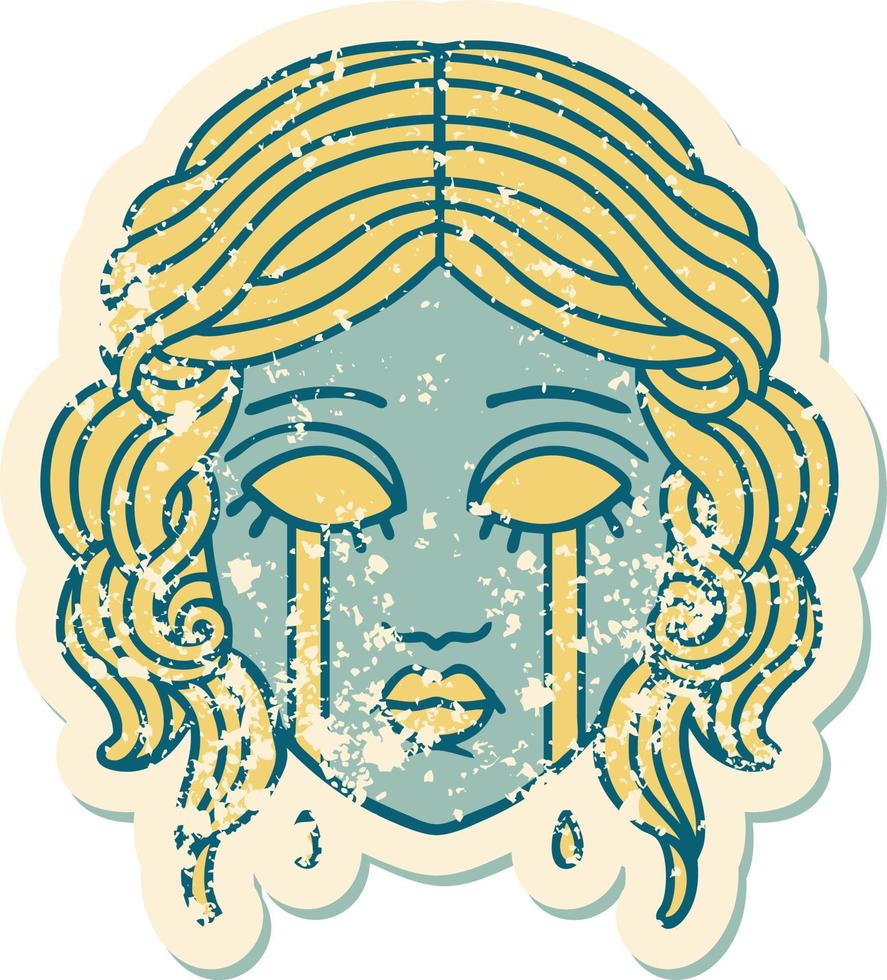 iconic distressed sticker tattoo style image of female face crying vector