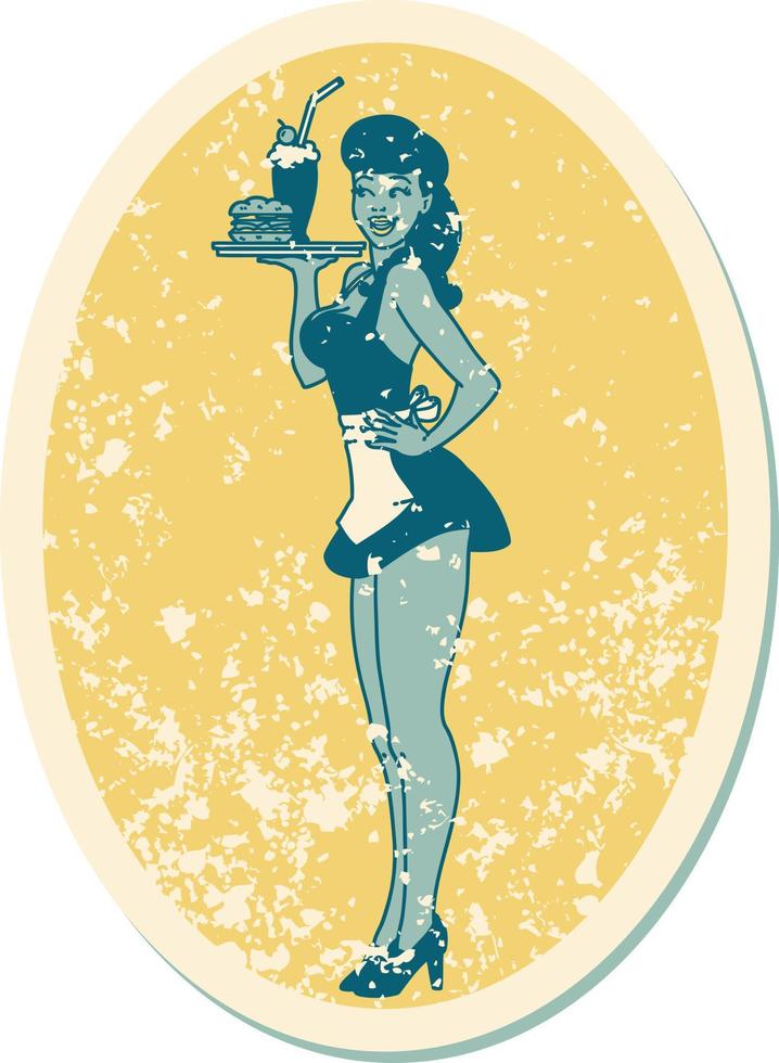 distressed sticker tattoo in traditional style of a pinup waitress girl vector