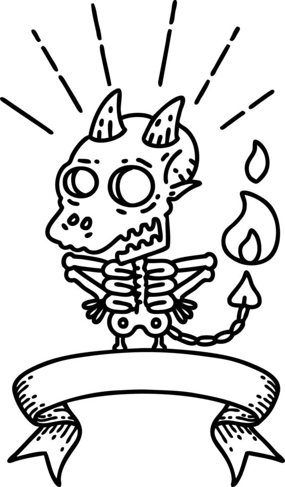 scroll banner with black line work tattoo style skeleton demon character vector