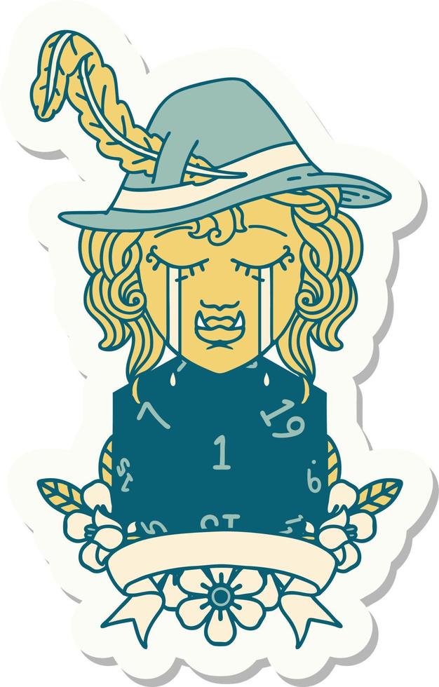 sticker of a crying orc bard character with natural one D20 roll vector