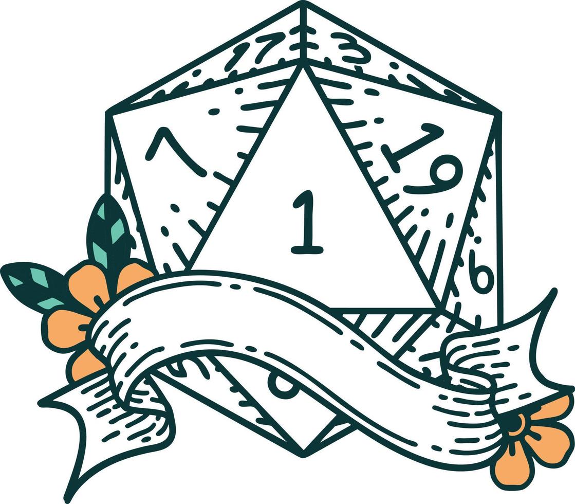 estilo de tatuaje retro natural uno d20 tirada de dados vector