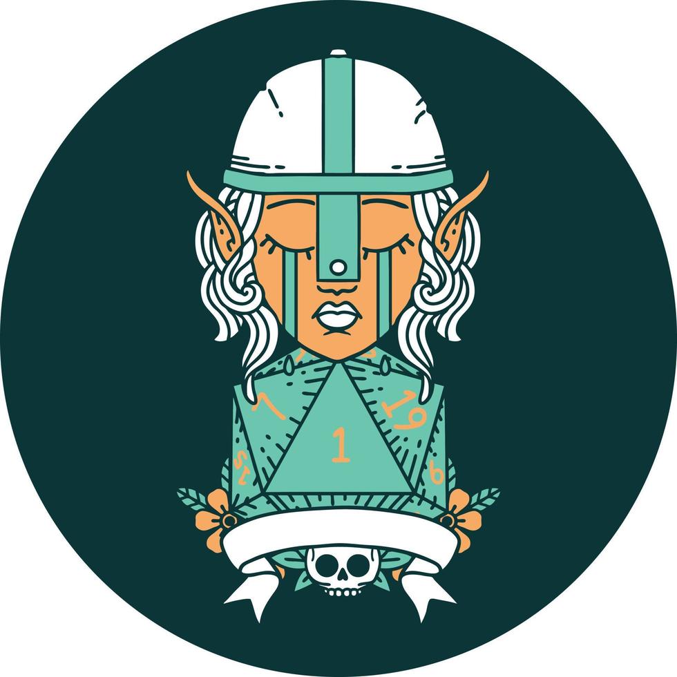 icon of crying elf fighter character face with natural one D20 roll vector