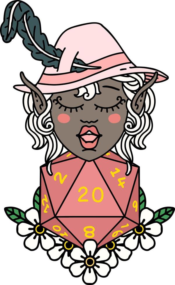 Retro Tattoo Style elf bard character with natural twenty dice roll vector