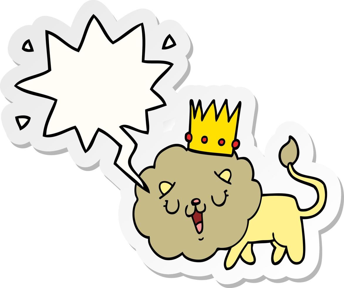 cartoon lion and crown and speech bubble sticker vector