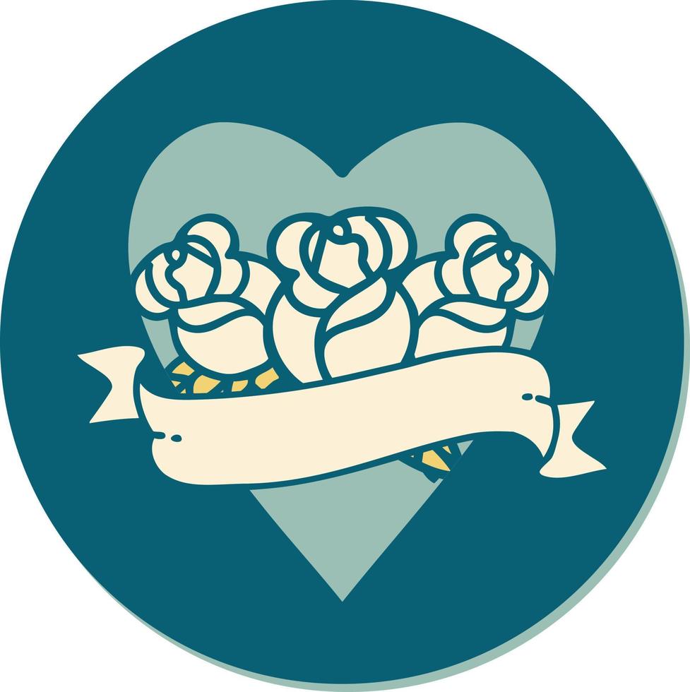 sticker of tattoo in traditional style of a heart and banner with flowers vector