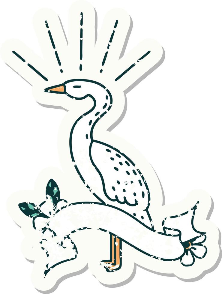 worn old sticker of a tattoo style standing stork vector