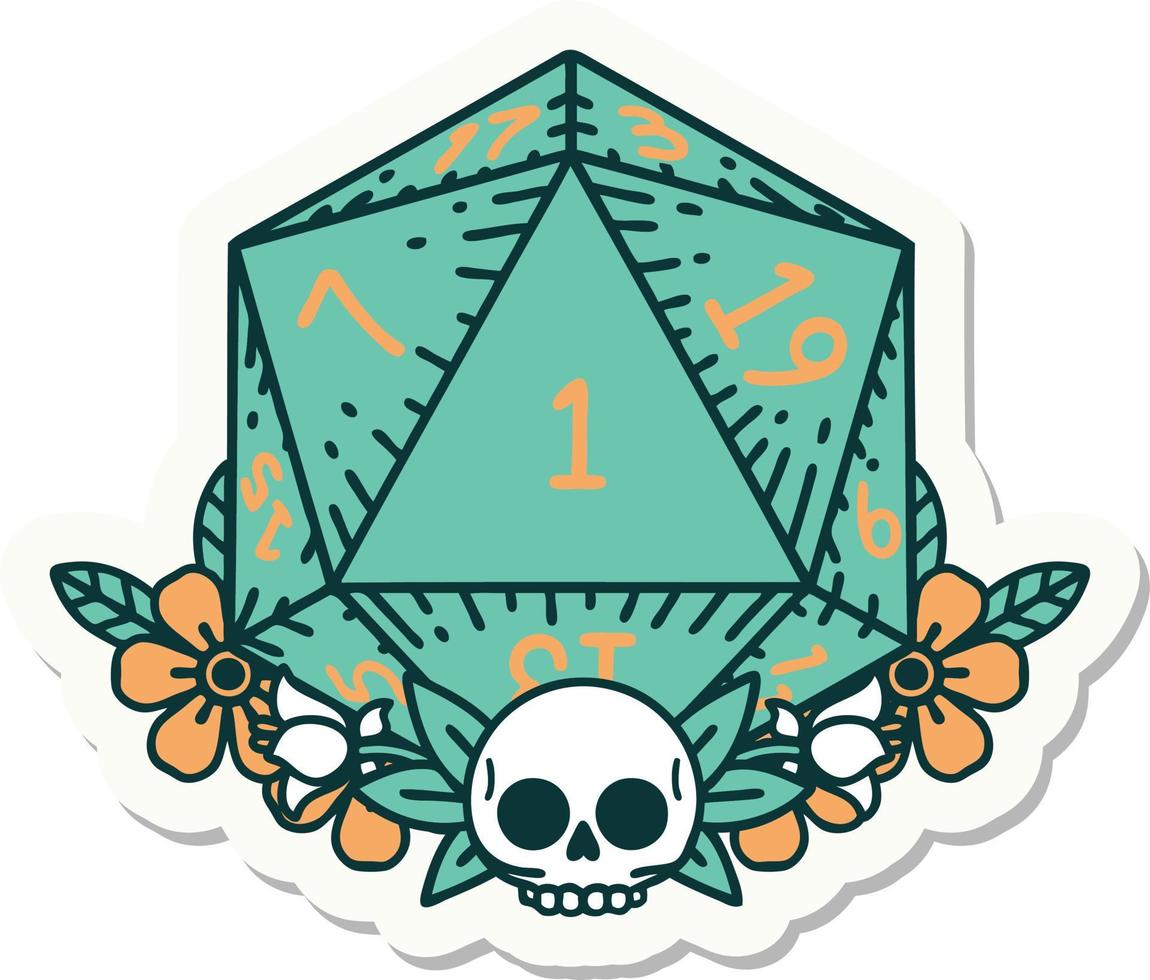sticker of a natural one dice roll with floral elements vector