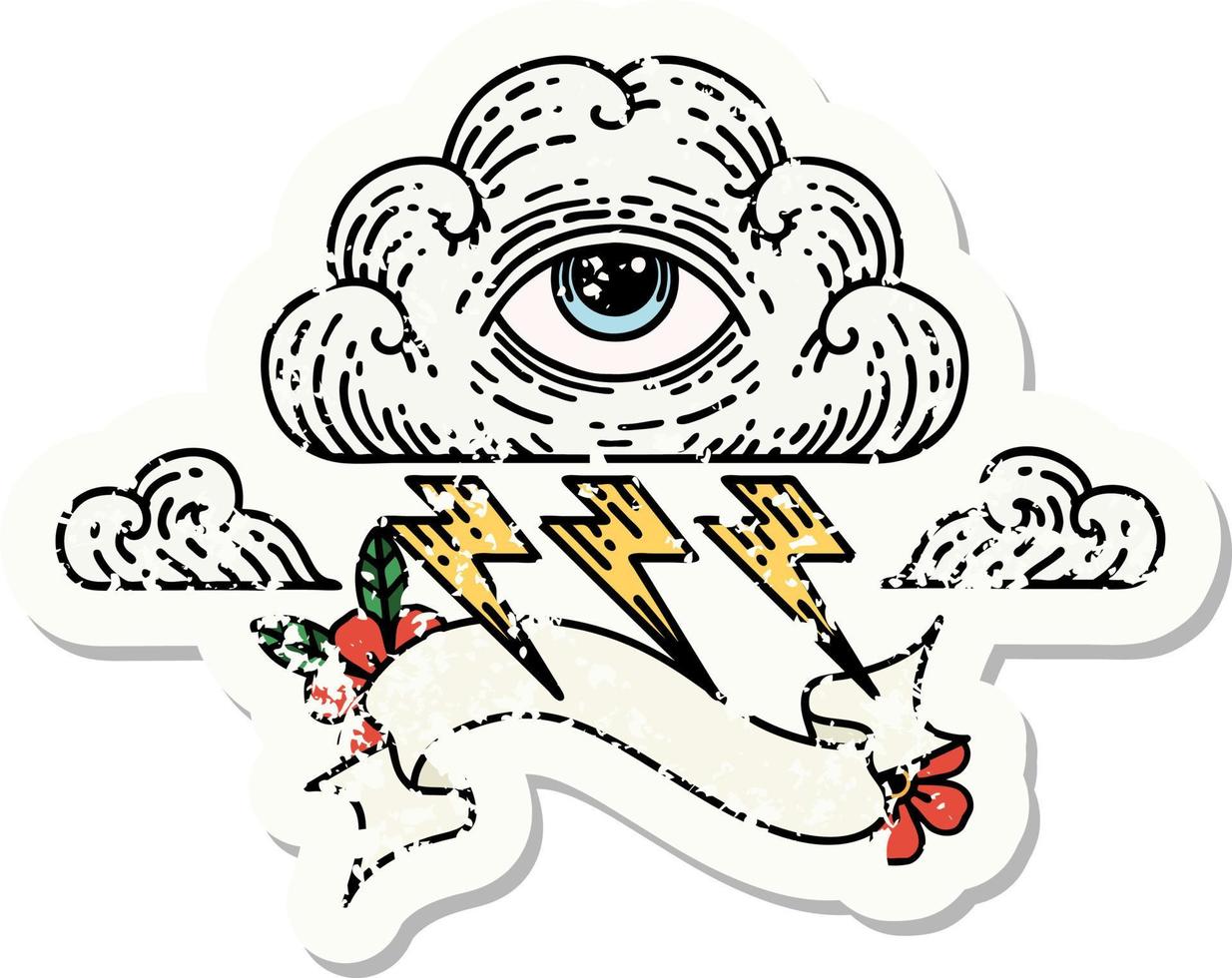 worn old sticker with banner of an all seeing eye cloud vector