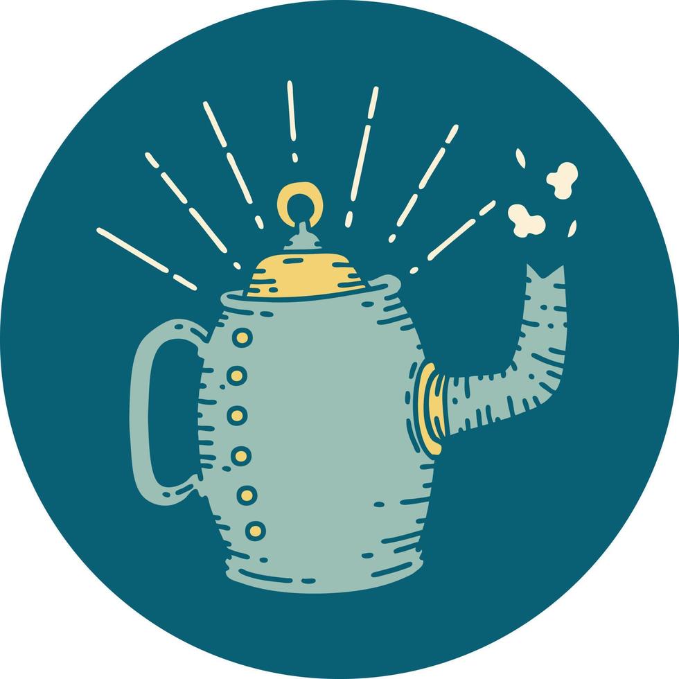 icon of a tattoo style old coffee pot steaming vector