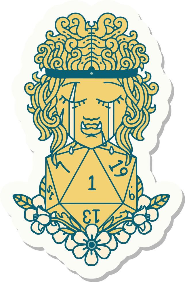 sticker of a sad orc barbarian character face with natural one d20 roll vector