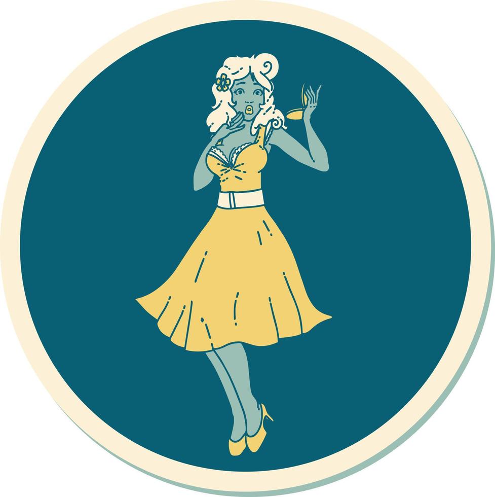 sticker of tattoo in traditional style of a pinup surprised girl vector