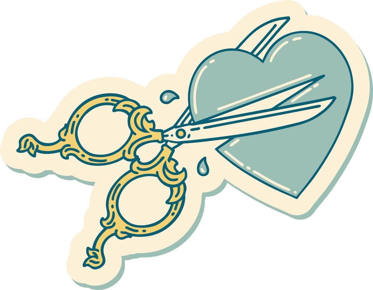 sticker of tattoo in traditional style of scissors cutting a heart vector