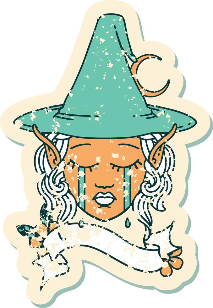 Retro Tattoo Style sad elf mage character face vector