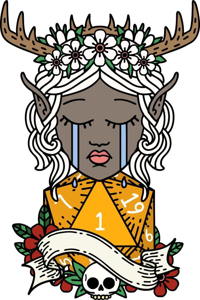 Retro Tattoo Style crying elf druid character face with natural one D20 dice roll vector