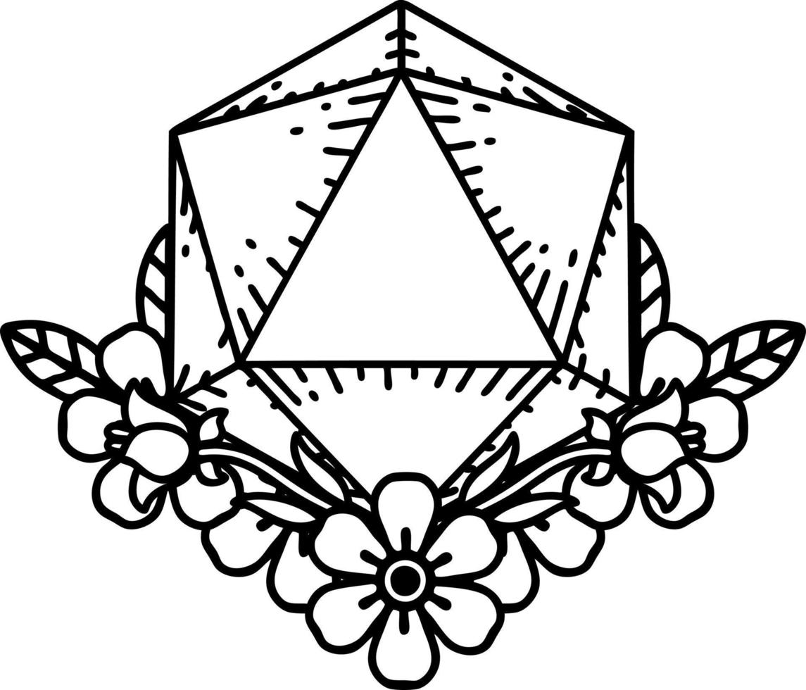 Black and White Tattoo linework Style natural one dice roll with floral elements vector