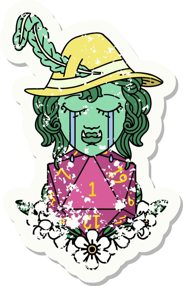 grunge sticker of a sad half orc bard character with natural one d20 roll vector