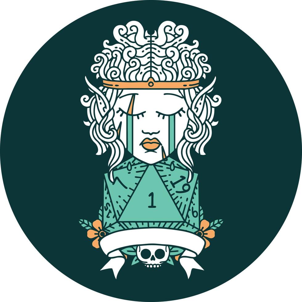 icon of sad elf barbarian character with natural one roll vector