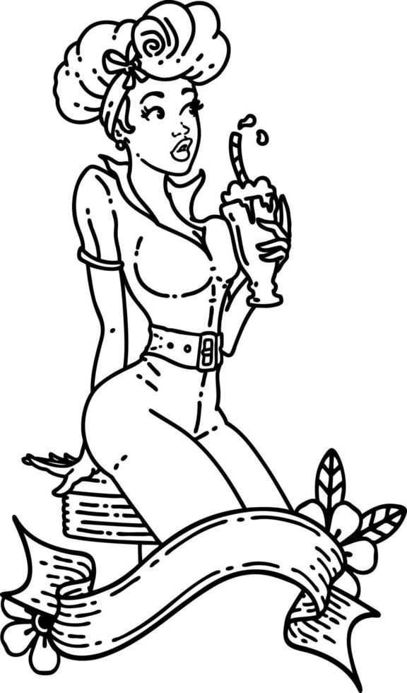 tattoo in black line style of a pinup girl drinking a milkshake with banner vector