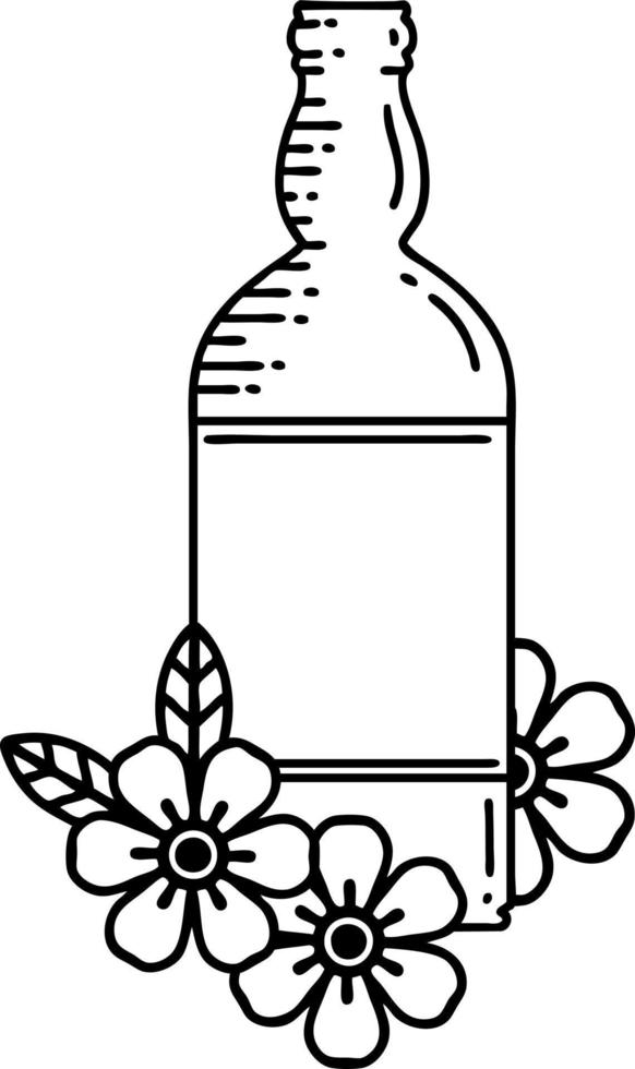 tatuaje en estilo de línea negra de una botella de ron y flores vector