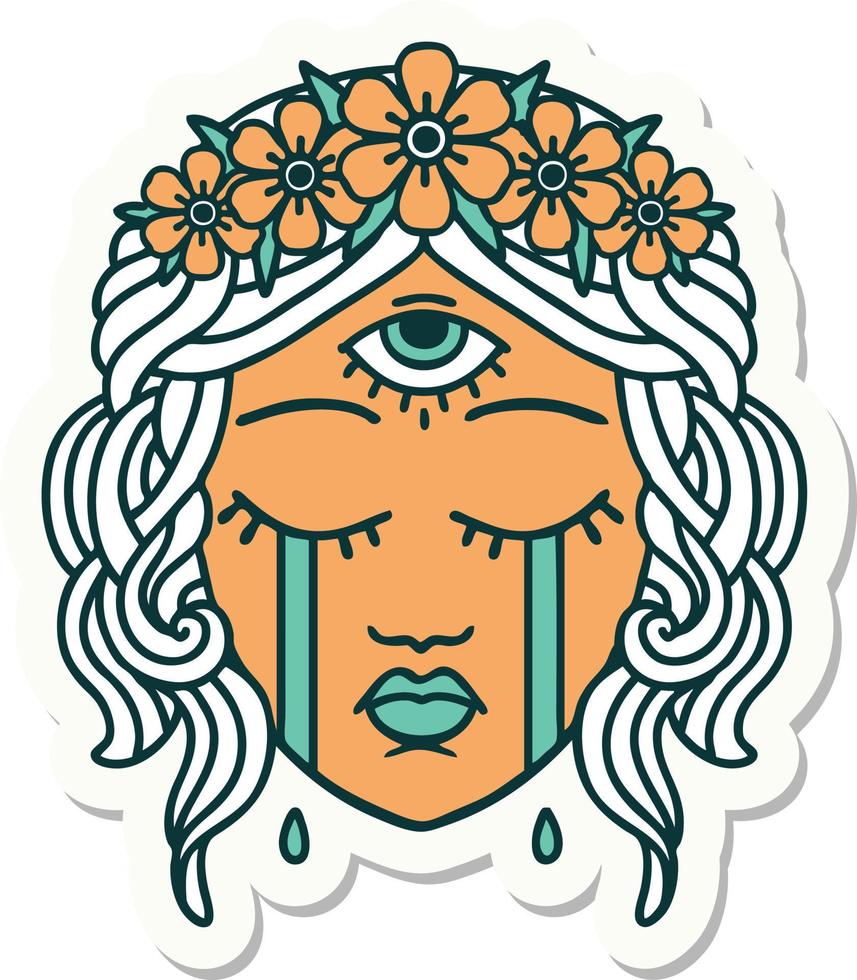 sticker of tattoo in traditional style of female face with mystic third eye crying vector