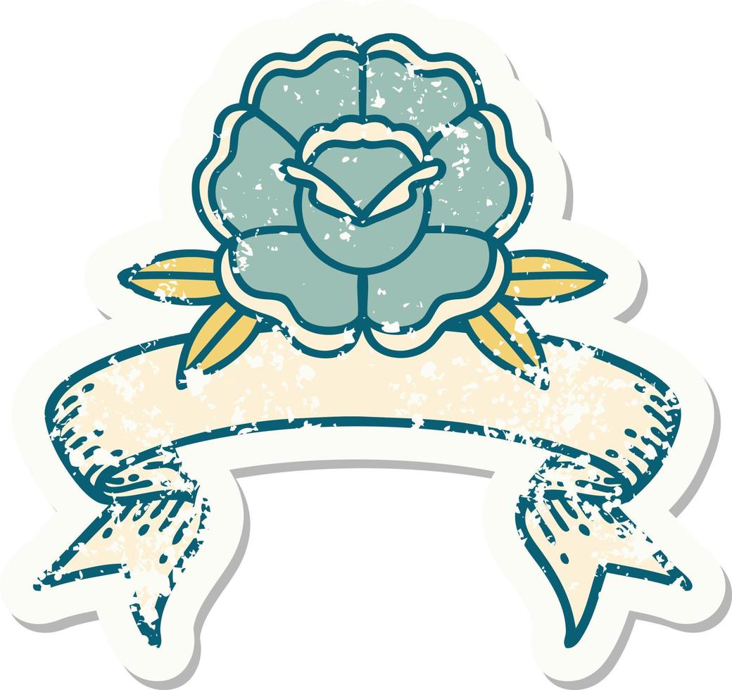 worn old sticker with banner of a flower vector