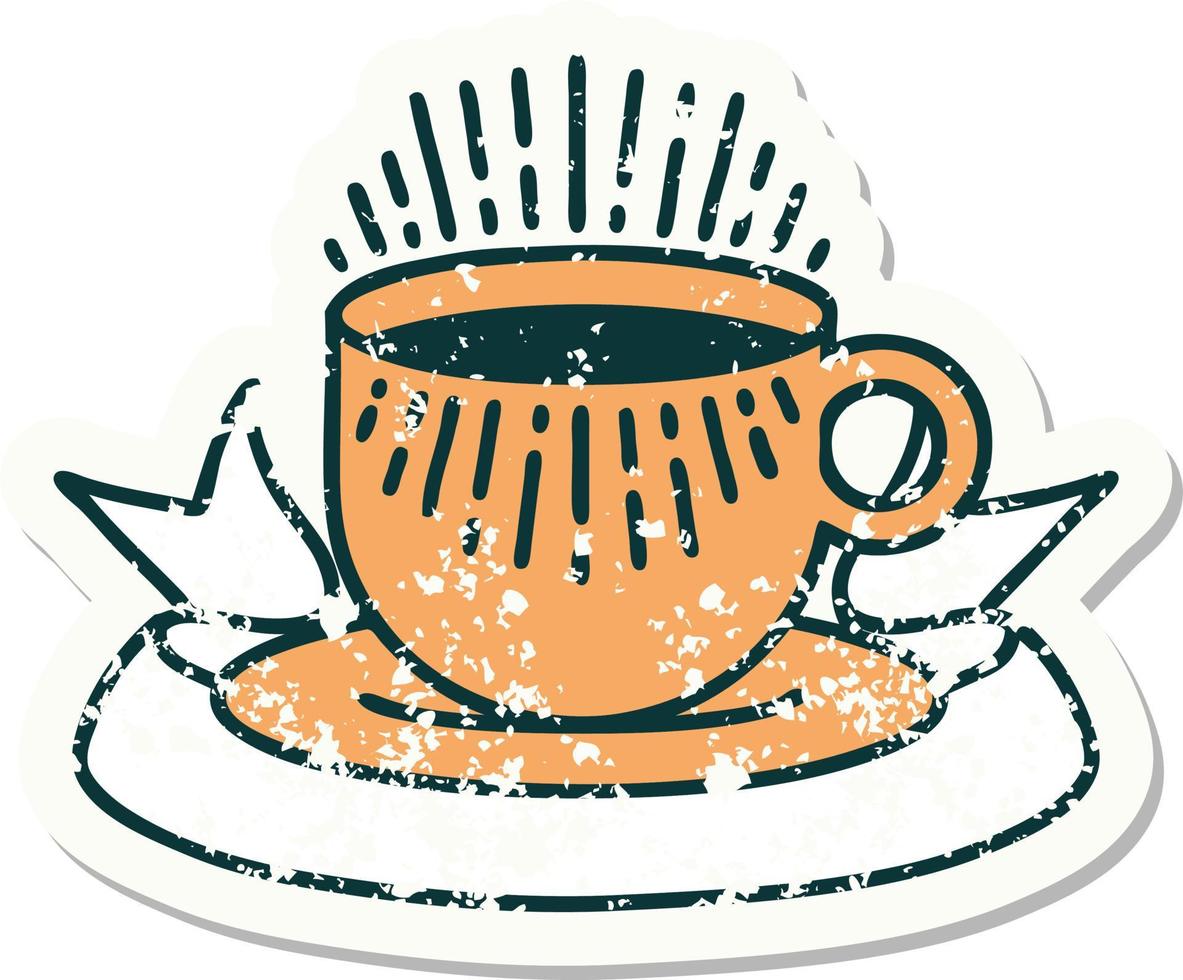 worn old sticker with banner of cup of coffee vector