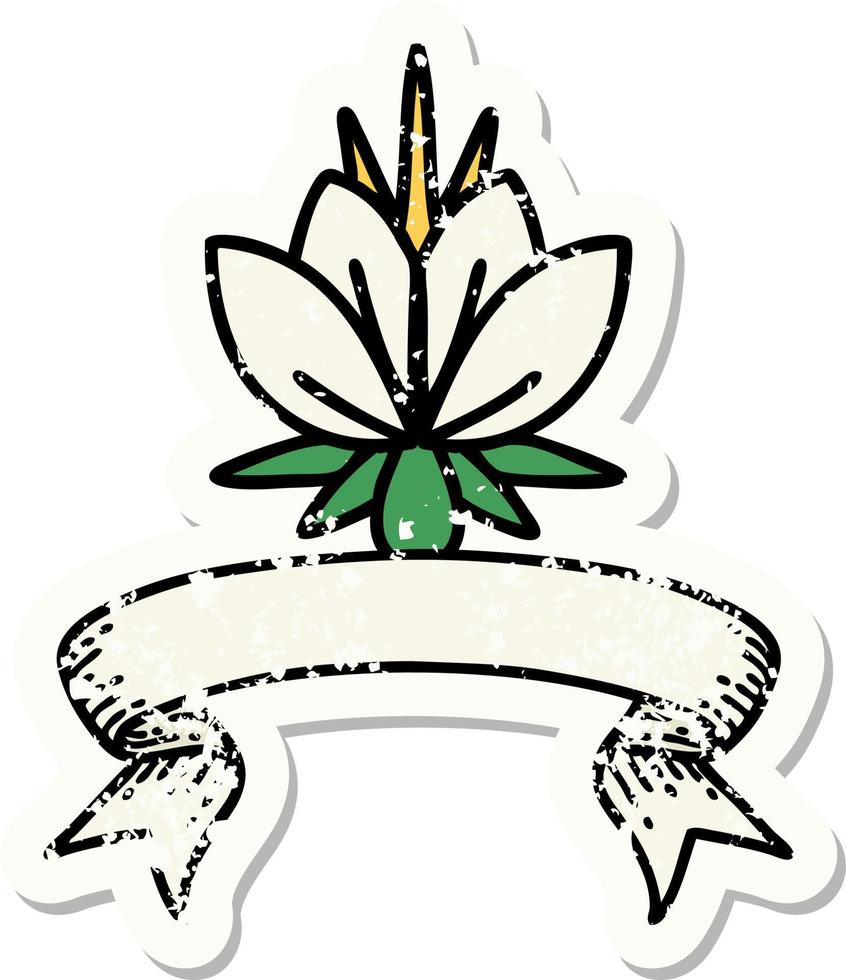 worn old sticker with banner of a water lily vector