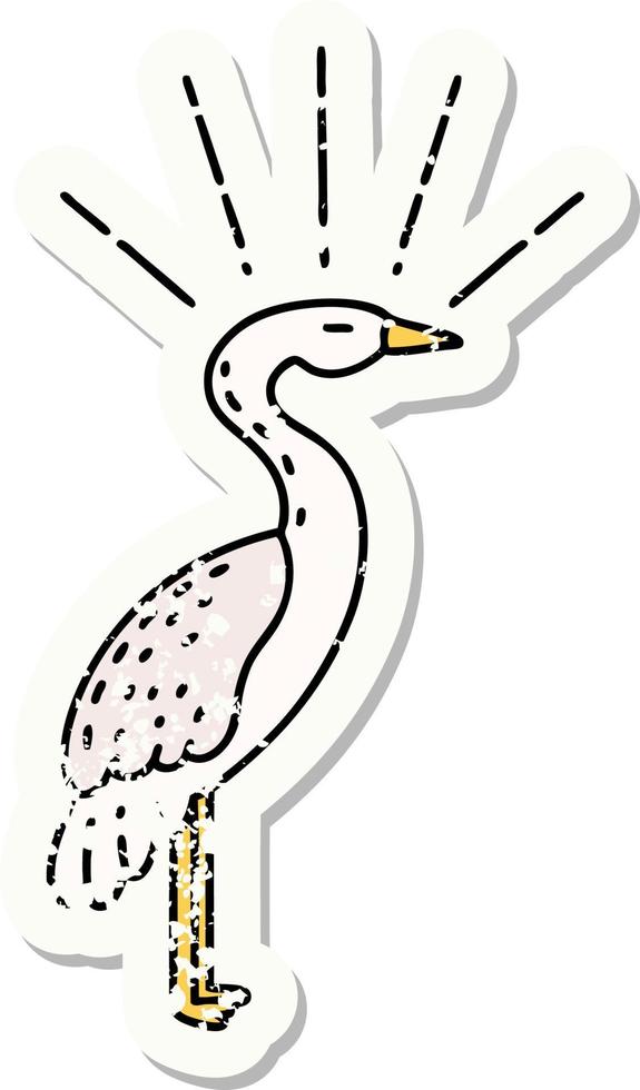 worn old sticker of a tattoo style standing stork vector