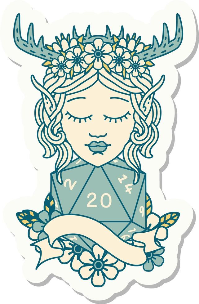 sticker of a elf druid with natural twenty dice roll vector