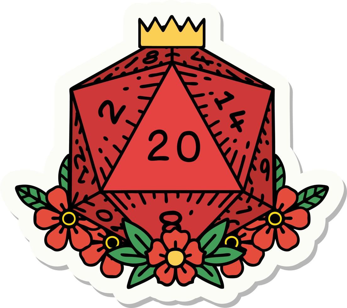 sticker of a natural 20 D20 dice roll with floral elements vector