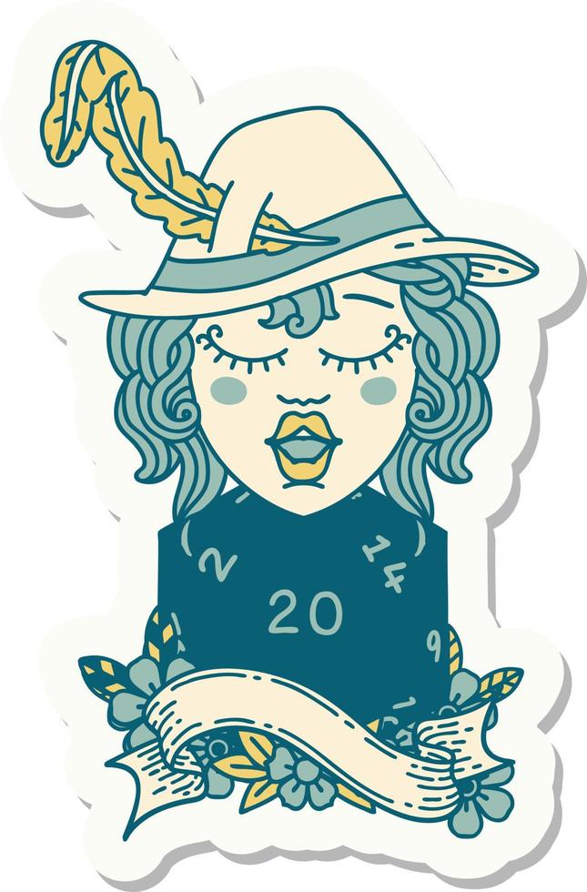 sticker of a human bard with natural 20 dice roll vector