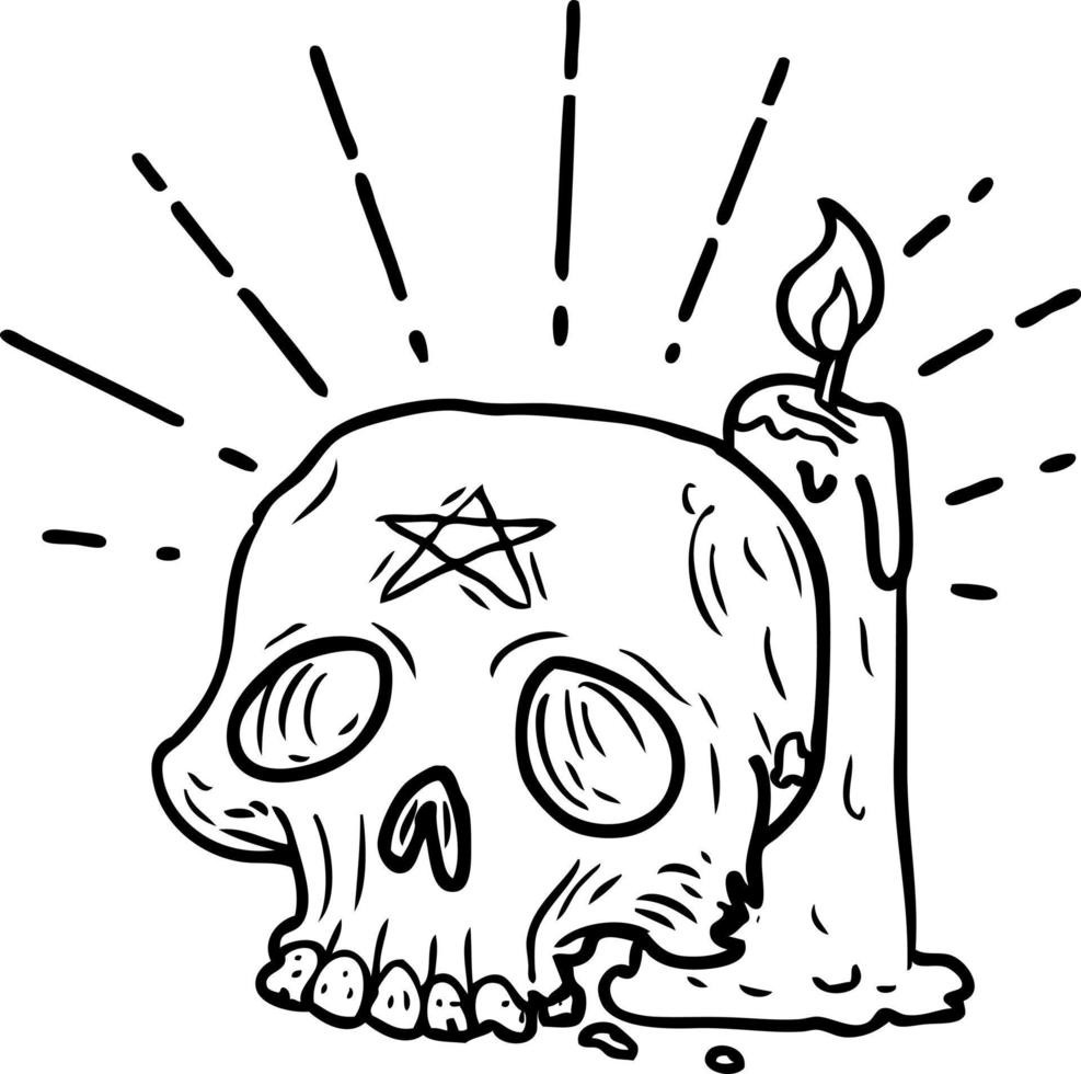 ilustración de una vela y un cráneo espeluznantes al estilo de un tatuaje de línea negra tradicional vector