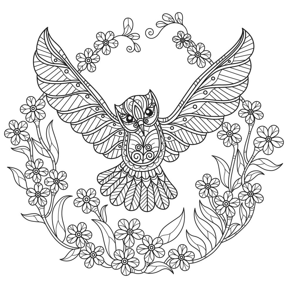 Flowers and owl hand drawn for adult coloring book vector