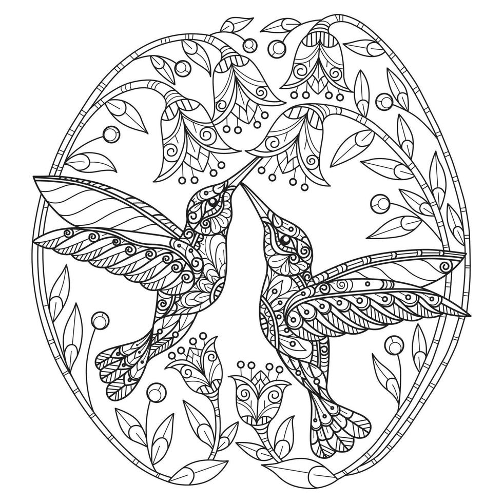 Two bird and flowers hand drawn for adult coloring book vector